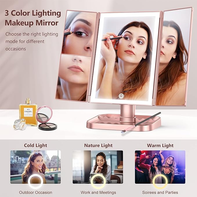 Makeup Mirror with Lights, 3 Color Lighting, Lighted Makeup Mirror, 10x 3X 2X Magnification, Vanity Mirror with 72LEDs, Touch Control, Dual Power Supply, Female Gift(Rose Gold)