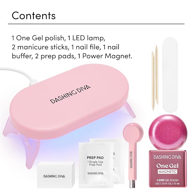 Dashing Diva One Gel Magnetic Mega Bundle – One Gel Magnetic Starter Kit in Villainous, Top Coat and Magic Off Nail Polish Remover - Manicure Set includes LED Lamp and Power Magnet