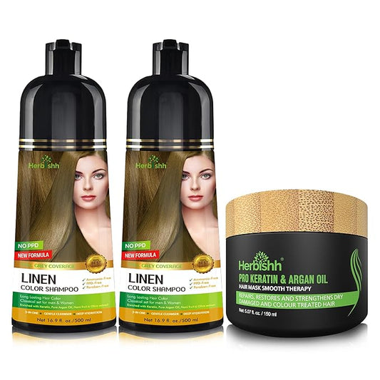Combo Pack - Herbishh Hair Color Shampoo for Gray Hair + Argan Intense Hair Mask - Long-Lasting Color in Minutes - Stimulates Dry, Frizzy Hair - 500 Ml (Linen)