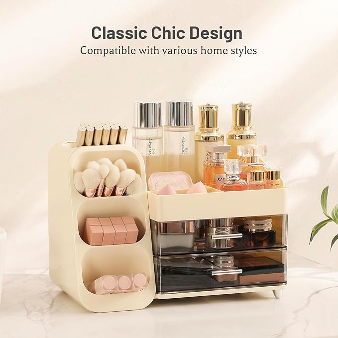 Aveniee Makeup Organizer with Drawers, Large Bathroom Countertop Storage for Vanity, Cosmetic & Skincare Display Case for Brushes, Perfumes, Lipsticks (Cream White)