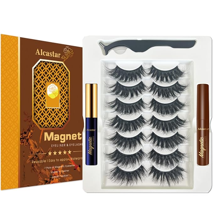 Alcastar Magnetic Eyelashes with Eyeliner Kit, Magnetic Lashes Natural Looking with, Long Lasting, Easy Apply,Cruelty-Free. (Mink Fluffy7-217)