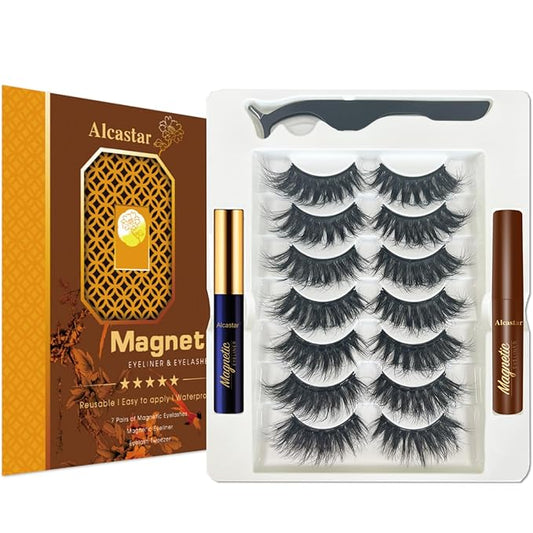 Alcastar Magnetic Eyelashes with Eyeliner Kit, Magnetic Lashes Natural Looking with, Long Lasting, Easy Apply,Cruelty-Free. (Mink Fluffy7-217)