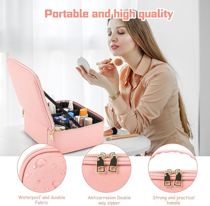 Makeup Bag With Mirror is with Waterproof Design, Best Gift is Makeup Case With Lighted Mirror.Make Up Bag With Mirror And Light 3 Color Scene (pink)