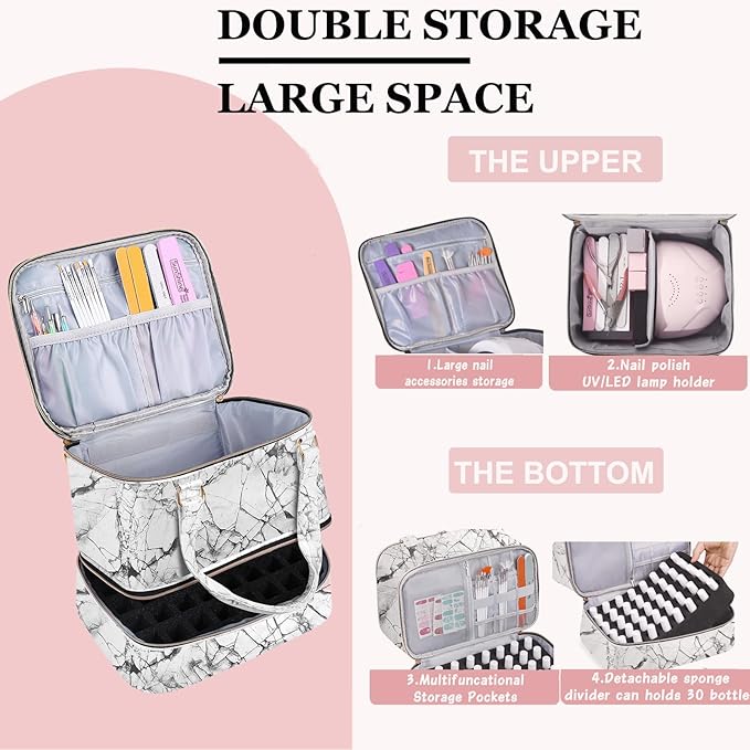 Nail Polish Organizer Case - Holds 30+ Bottles (15ml/0.5 fl.oz) and 1 Nail Lamp, Upgraded Double-layer Nail Polish Carrying Case Nail Storage Bag with Handles (WHITE)
