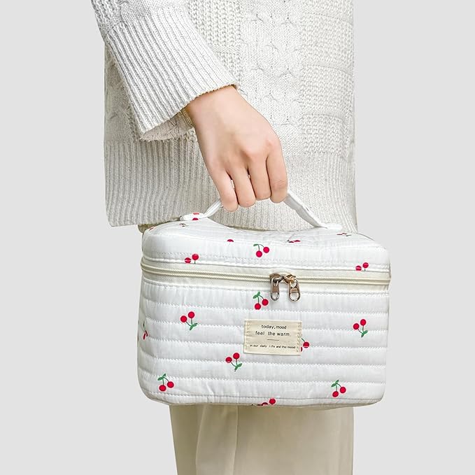3Pcs Cotton Quilted Makeup Bag for Women Girls, Large Floral Cosmetic Bag Set Cute Makeup Brushes Aesthetic Accessories Storage Bag Cherry Travel Toiletry Bag Organizer