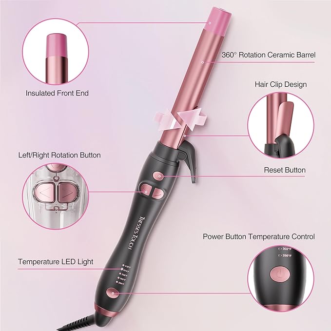 Rotating Curling Iron 1 Inch, Universal Voltage Automatic Curling Iron with Clamp, 5 Heat Settings 360° Rotatable Power Cord, Automatic Reset Function Hair Curler for All Hair (Rose Gold)