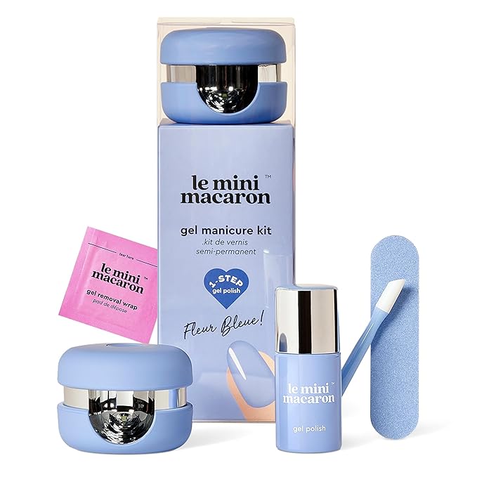 Le Mini Macaron Gel Nail Polish Kit with LED Light, DIY At-Home Polish Nail Kit | Non-Toxic, Fast-Drying 3-in-1 Set for Long-Lasting, Salon-Quality Nails, File, and Remover Wraps (Fleur Bleue)