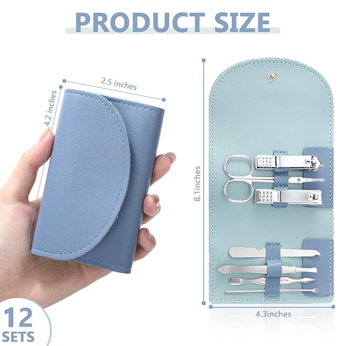 12 Set Manicure Set Bulk Mini Manicure Nail Clipper Kit 7 in 1 Stainless Steel Professional Nail Care Pedicure with Travel Portable Bag Grooming Kits for Women Men Home(Dark Blue)