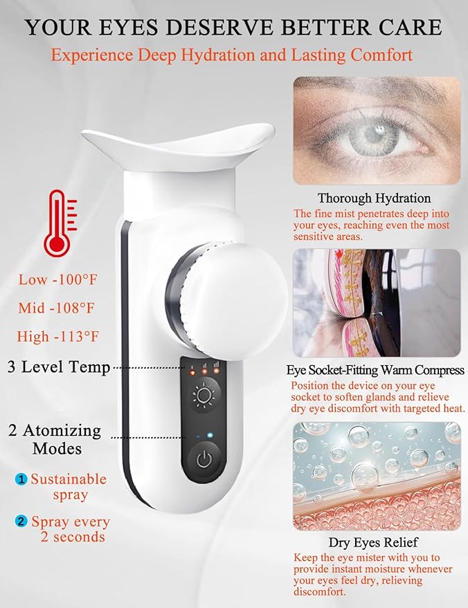 Heated USB Nano Eye Moisturizer & Soother - Portable Drops Steamer for Dry Eye, Rechargeable Electric Mist Sprayer With Warm Compress for Stye Relief, Home & Travel, Off White