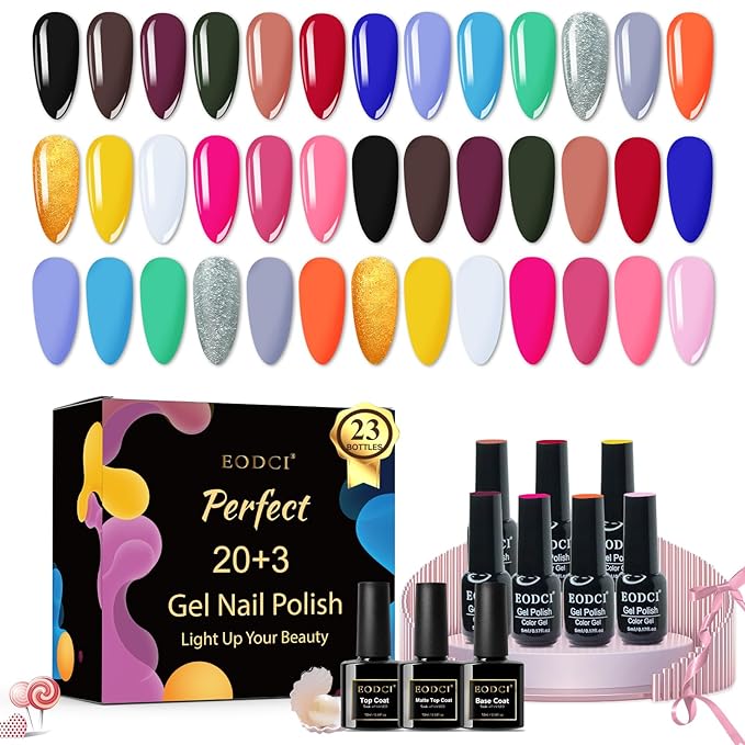 Gel Polish Nail Set 20 Colors with 3Pcs Glossy & Matte Top Coat and Base Coat, Flower Collection Fall Winter Pink Black Sparkle Glitters Colorful Gel Polish Set For Valentine's Gifts