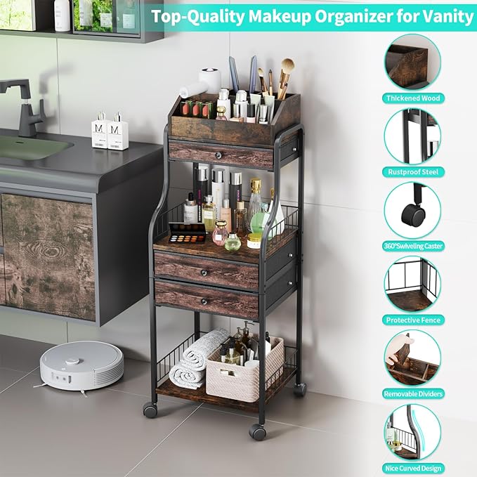 HapiRm Floor Makeup Organizer Storage - Vanity Skincare Make Up Organizers and Storage with Drawers, Cosmetics Display Cases Holder for Skin Care Nail Polish Perfume Makeup Brush