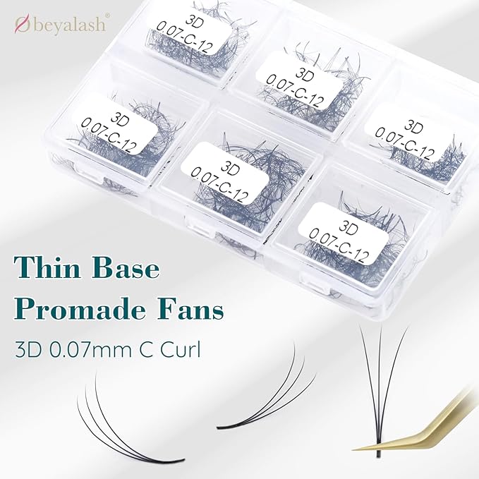 Obeyalash Lash Extension Premade Fans 600 Pcs Loose Fans Handmade Short Stem 3D Pomade Lash Fans 0.07mm C Curl Volume Lash Extensions 12mm Pre Made Fans Lash Extensions(3D-0.07C-12MM)