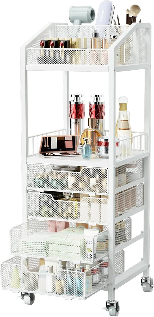 HapiRm Makeup Organizer Storage Cart - Floor Skincare Make Up Storage with 4 Drawers, Rolling Makeup Cart Vanity Organizer Cosmetics Display Cases Holder for Skin Care Perfume Nail Polish