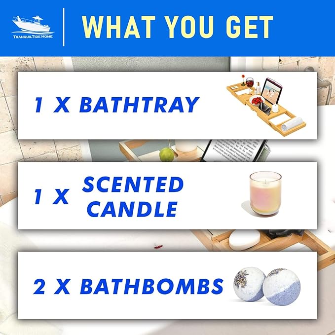 Foldable Bathtub Tray Expandable to 109cm with Bath Bomb and Scented Candle, Adjustable, Waterproof Bamboo Bathtub Caddy with Anti Slip Grip Pads for Home Spa