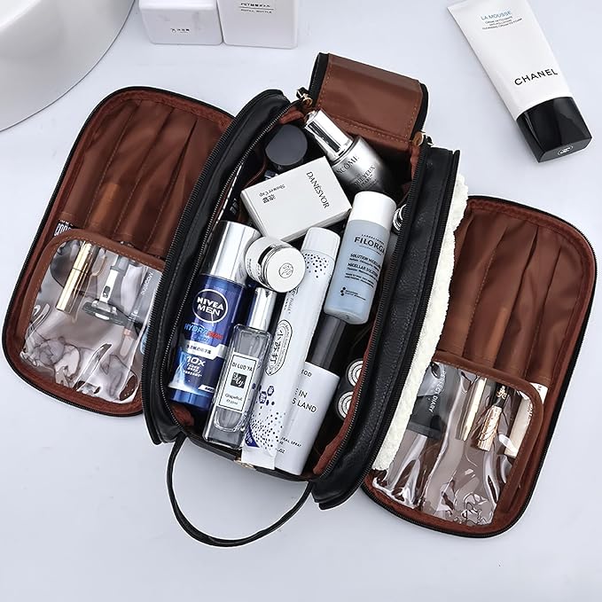 Travel Toiletry Bag for Women PU Leather Triple-layer Double Zipper Toiletry Bags,Waterproof with Handle Mens Toiletry Bag Stowable Brushes, Toiletries Makeup for Business Trips Camping Bathroom Black