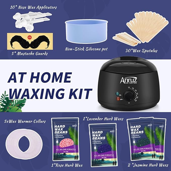 Waxing Kit for Women Men - Wax Kit for Hair Removal with Silicone Bowl,4 Bags Hard Wax Beads and 30 Applicator Sticks - at Home Use Wax Warmer for Full Body,Bikini,Eyebrow,Face, Sensitive Skin