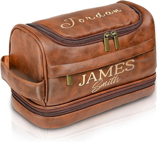 Personalized Toiletry Bag for Men - Custom Engraved Leather Travel Dopp Kit, Waterproof Shaving Kit Gift for Dad, Husband, Groomsmen, Boyfriend (Christmas, Birthday, Father’s Day, Anniversary)