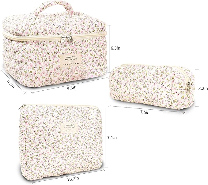 3Pcs Makeup Bag Cotton Quilted Travel Cosmetic Bag Cute Floral Makeup Pouch Large Toiletry Bag for Women Girls (Pink Floral)