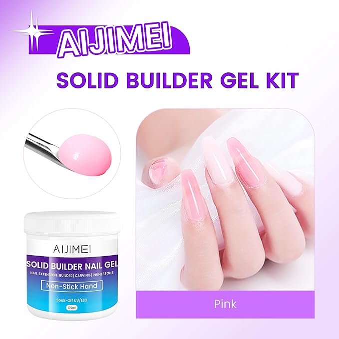 AIJIMEI 3.34oz Nail Builder Gel Kit for Nails 100ml Solid Builder Gel for Nails Nail Extension Gel with Nail Art Tools No Stick Hand Nail Gel for Nail Art DIY Home (Pink)