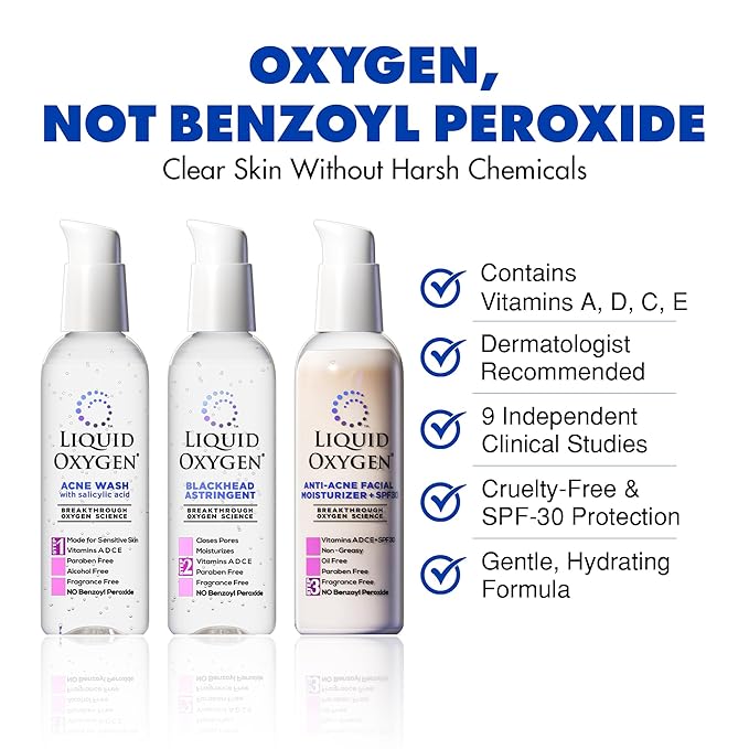 Liquid Oxygen Acne Treatment System for Acne-Prone Skin | Oxygen-Infused | Cleansing Wash, Blackhead Astringent & Hydrating Moisturizer | Blemish Control & Pimple Treatment | Dermatologist-Recommended