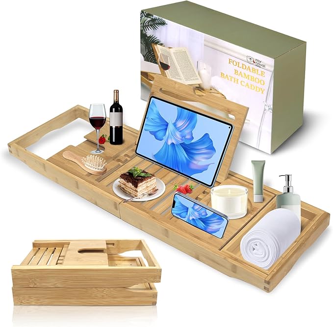 Bathtub Tray, Foldable Bath Tray for tub, Bamboo Bathtub Trays for tub, Luxurious Bath Accessories with Wine, Book & Tablet Holder - Expandable Size Fits Most Tubs - Wedding Gifts