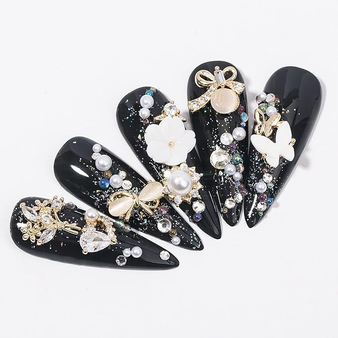 HNUIX Nail Charms and Gems - Gold Copper Zircon, Multiple Shapes 3D Dangle, Metal Jewelry Rhinestones for Nails (19pieces B Set)