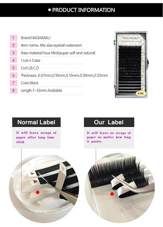 NAGARAKU Eyelash Extension Individual Lashes 0.10 L curl 7-15mm Mix Tray Classic Faux Mink 16 rows Matte Black Soft Natural