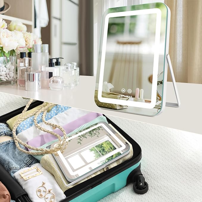 14.5" Rechargeable Vanity Mirror with Lights, 3500 mAh Lighted Makeup Mirror, Smart Touch 3 Colors Dimmable, Tabletop Mirror for Makeup Desk, Memory Function