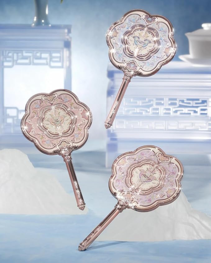 Flower Knows Butterfly Cloud Collar Hand Mirror,Portable Vintage Handheld Mirror,Durable Metal Mirror,Cute & Aesthetic Princess Mirror,with Long Handle for Easy Holding,Gift for Girls(Hibiscus Lilac)