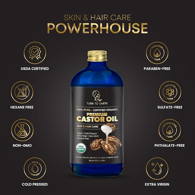 Organic Castor Oil, Cold Pressed, Glass Bottle, USDA Certified Premium Organic, Unrefined, Hexane Free, for Hair Growth, Radiant Skin, Eyebrows, Lashes and Fuller Hair, 16.9 oz w/ Pump (Made in USA)