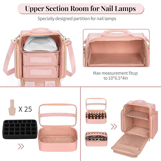 OCHEAL Nail Polish Organizer Case for 50-60 Bottles (15ml) - Portable Manicure Storage Bag with 2 Detachable Pouches, Nail Lamp Compartment & Tools Sections - Travel-Friendly Cosmetic Bag, Pink