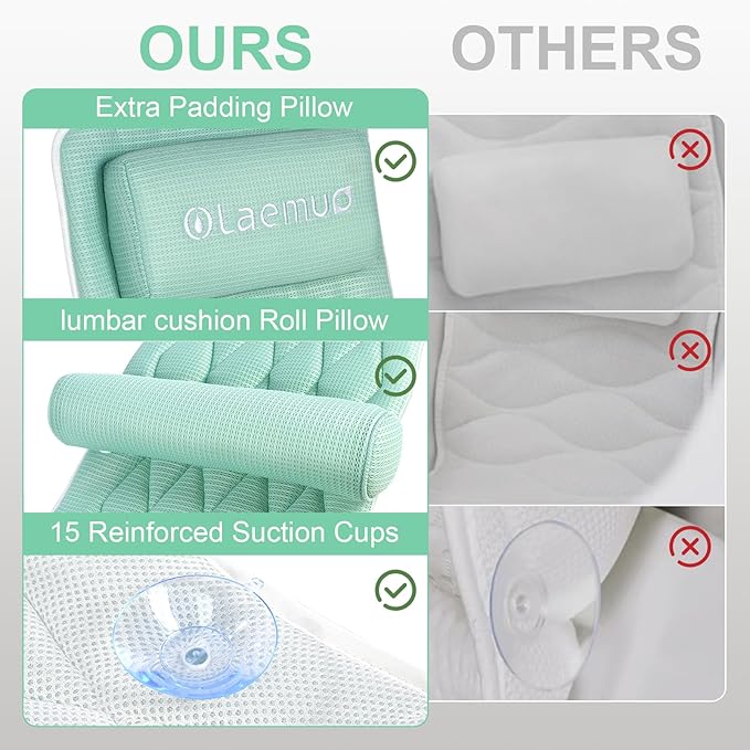 Full Body Bath Pillow Bathtub Pillows-Removable Lumbar Cushion with 17 Non-Slip Suction Cups 4D Air Mesh Fit Any Tub Luxury Bathroom Accessories-Green