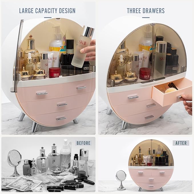 13.4''x15.7'' Makeup Organizer Large Capacity Waterproof and Dustproof Cosmetic Display Cases Desktop Beauty Storage Drawer Lipstick Skin Care Shelf (L, Pink)