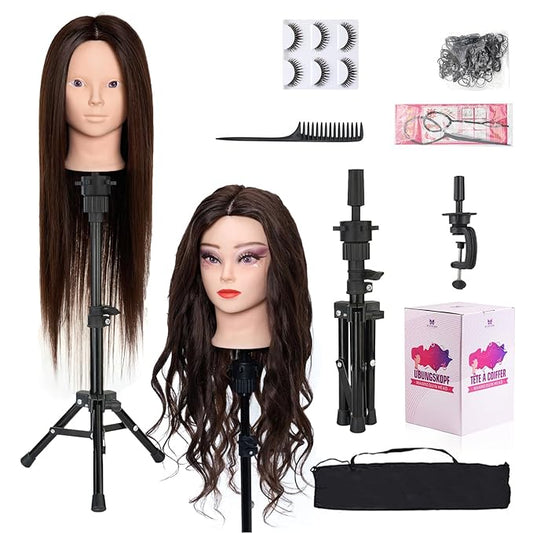 28 Inch Mannequin Head 60% Real Hair with Tripod Stand,Make up Cosmetology Manikin Practice Doll Head with Hair,Braiding Hairdressing Head for Hair Styling with Table Clamp + DIY Hair Styling Set #4