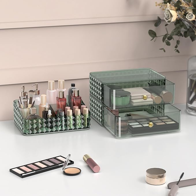 Makeup Organizer for Vanity, Stackable Cosmetics Organizer and Storage, Cosmetic Display Cases with 2 Drawers and 1 Tray for Makeup Brush, Hair Accessories, Lipstick and Jewelry, Green