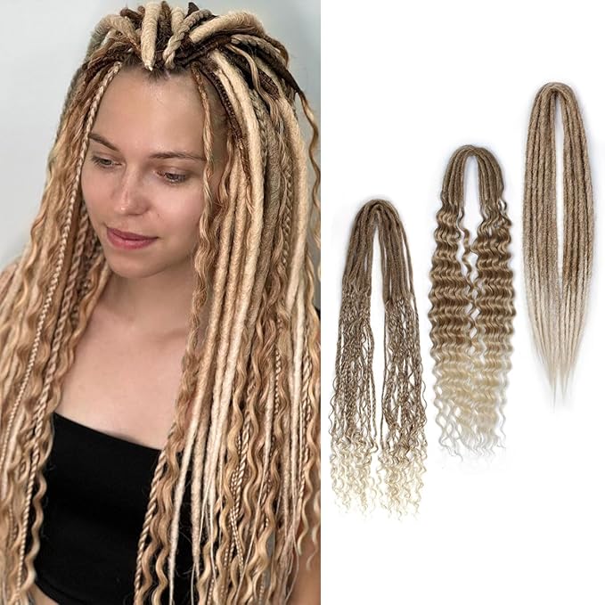 24 Inch Double Ended Dreadlock Extensions Sets, 20 Strands 3 In 1 Mixed Synthetic Dreads Extensions, Brown to Blonde Straight&Curly&Boho Handmade Dreads Hippie Dreadlocks for Woman