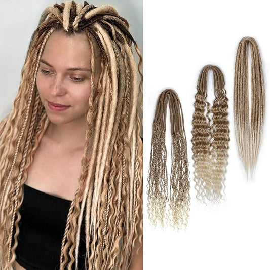 24 Inch Double Ended Dreadlock Extensions Sets, 20 Strands 3 In 1 Mixed Synthetic Dreads Extensions, Brown to Blonde Straight&Curly&Boho Handmade Dreads Hippie Dreadlocks for Woman