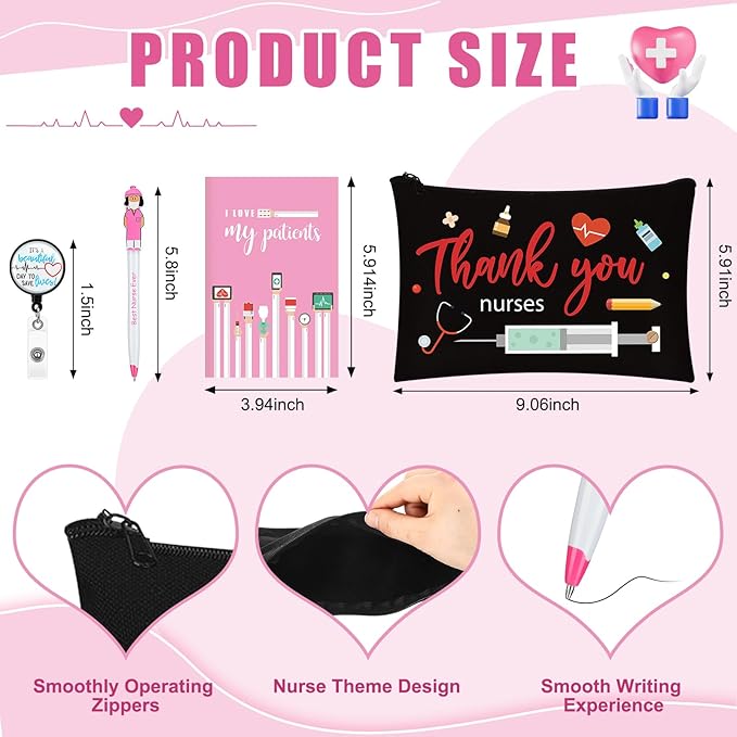 Yeaqee 48 Pcs Nurse Week Gifts 2025 Nurse Appreciation Gifts Set Include Makeup Cosmetic Bag Pocket Journal Notebooks Ballpoint Pens Badge Reel for Nursing Students Supplies(Black,Nursing)