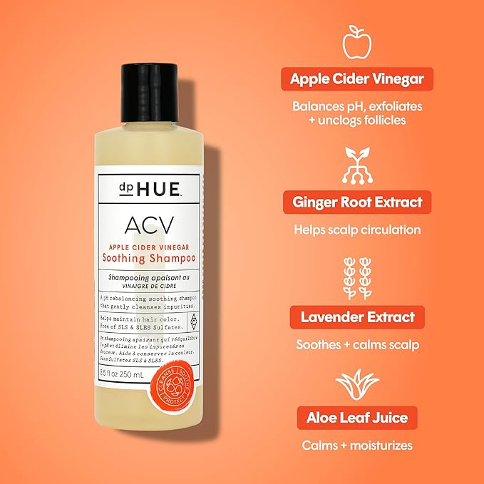 dpHUE ACV Soothing Shampoo, 8.5 oz - Sulfate Free Dry Scalp Shampoo For Color Treated Hair With Apple Cider Vinegar, Ginger Root, Lavender and Aloe