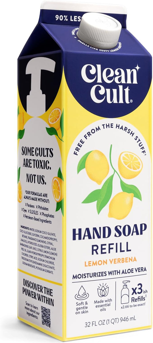 Cleancult Liquid Hand Soap Refill - Lemon Verbena - Moisturizes Dry & Sensitive Skin - Made with Aloe Vera & Essential Oils - Eco Friendly - Paper-Based Packaging - 32 oz/1 Pack