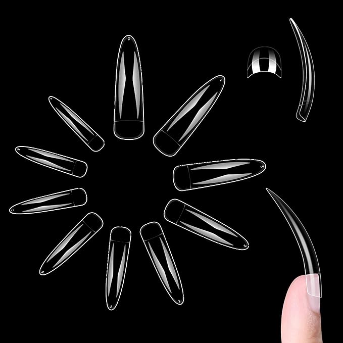 500 pcs Half Cover Extra Long Hawk Curved Stiletto/Almond Nail Tips, XXL 2XL Sharp False Nails for Acrylic, Clear QUEEN STILETTO CURVE Eagle Claw Gel Extension x 10 Sizes in Bag for Salon