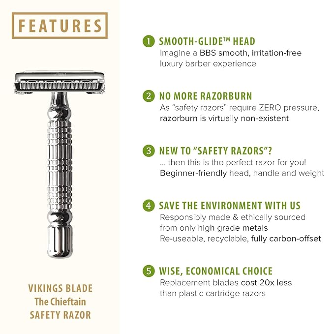 VIKINGS BLADE Double Edge Safety Razor for Men + 5 Swedish Steel Blades + Luxury Case. Smooth, Reusable, Eco-Friendly (The Chieftain)