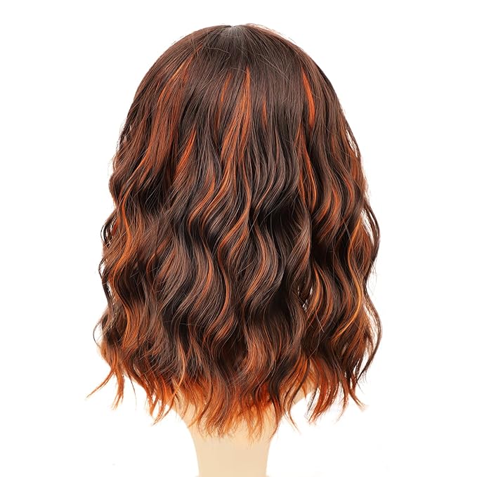 AISI HAIR Ginger and Brown Synthetic Wavy Curly Bob Wig with Bangs Short Wavy Hair for Women Synthetic Heat Resistant Bob Wigs