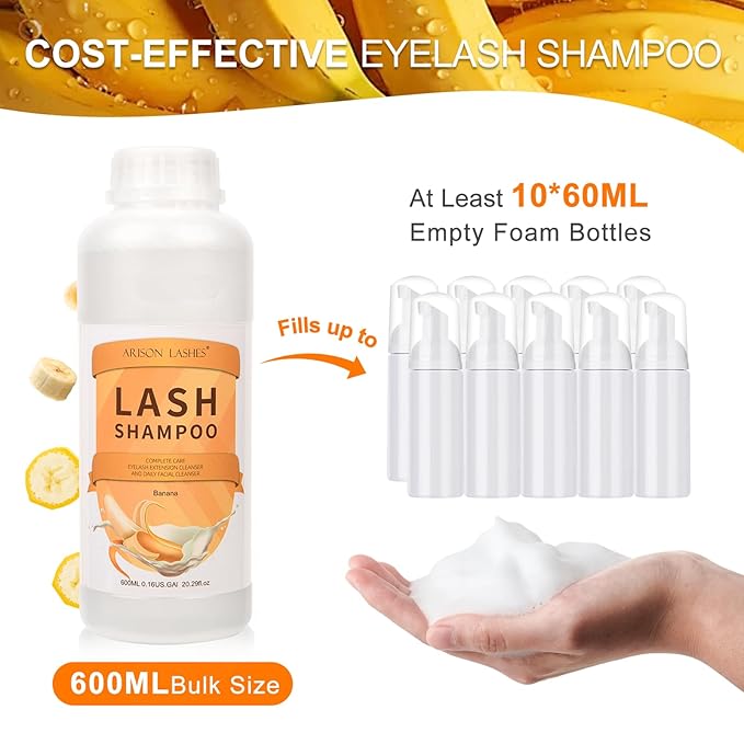 Arison Eyelash Eyelash Extension Shampoo 600ml / Eyelid Foaming Cleanser/Wash for Extensions and Natural Lashes/Paraben & Sulfate Free Safe Makeup & / Professional & Self Use (Banana)