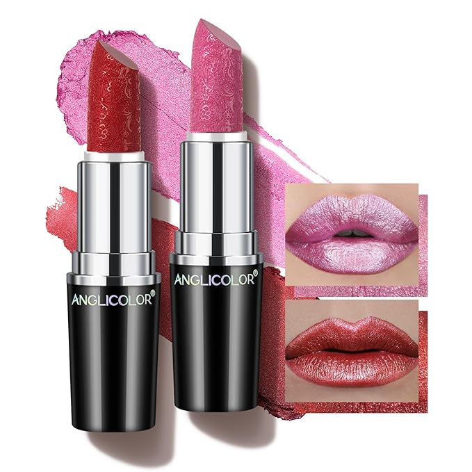 Angicolour 2pcs Glitter Lipstick - High Impact Lipcolor in Red & Pink, Moisturizing Creamy Formula, Metallic Finish - Vegan & Cruelty-Free, Full-Coverage Lip Color