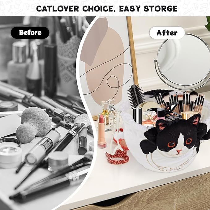 Drawstring Makeup Bag, Cat Makeup Bag, Travel Makeup Organizer, Cosmetic Pouch Bag, Cat Gift for Women, Lay Flat Makeup Bag Gifts for Cat Lovers