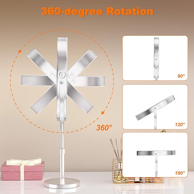 Hasipu 10-inch Lighted Makeup Mirror with Magnification, Rechargeable 3000 mAh Vanity Mirror with Lights, Desk Mirror with Dimmable Brightness, 3 Lighting Modes, Height Adjustment, Nickel