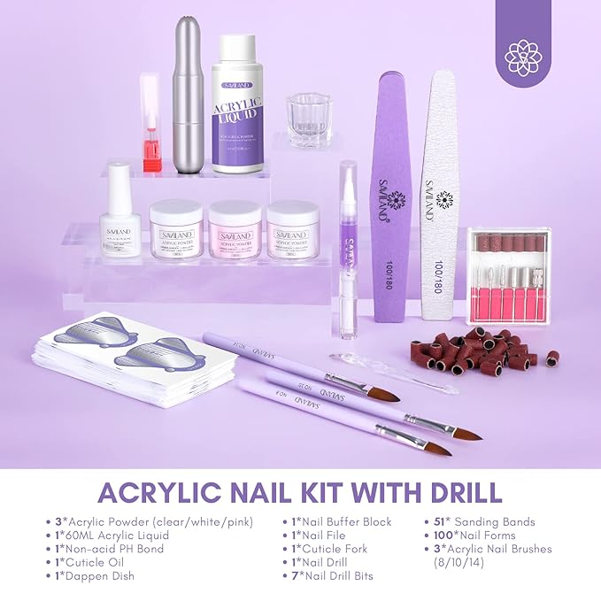 SAVILAND Acrylic Nail Kit with Drill: Professional Clear Pink White Acrylic Powder and Liquid Set with Nail Drill Nail Brush for beginner Acrylic Application for Home Salon DIY Nail Extension