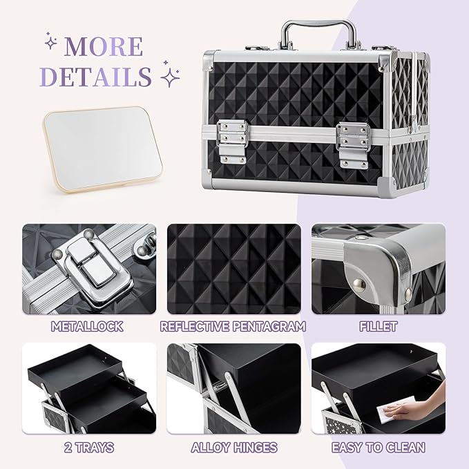 Leeora&Leekoo Makeup Train Case Cosmetic Box Portable Makeup Case Organizer 2 Trays Makeup Storage with Mirror for Cosmetologist Aesthetic Supplies Nail Tech Traveling Makeup Box (Watercube)