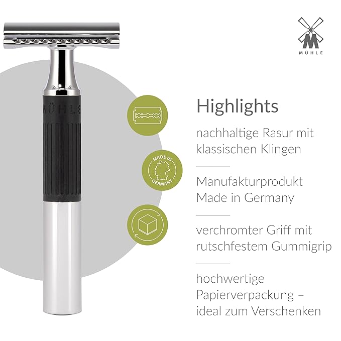 MÜHLE NEO safety razor|double edge safety razor for beginners and experienced shavers|sustainable eco-friendly and reusable|for men and women|chrome with black silicone grip handle